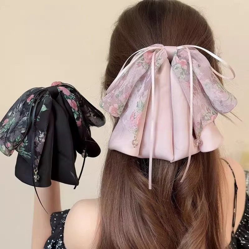 妖精のようなシフォン花柄ヘアクリップ、スイートハーフタイヘアクリップ、ヘアボリュームアップ 2025 新しい後頭部ポニーテールクリップ、サメクリップ|undefined