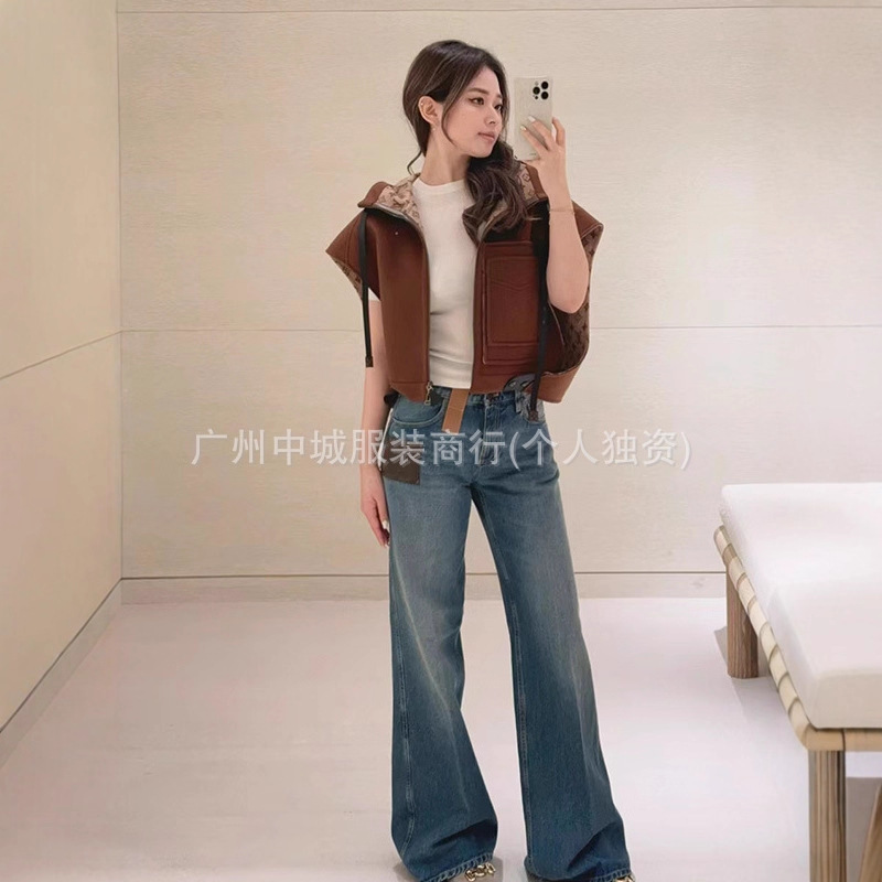 High-Quality】Nanyou Light Luxury Yimengling Style Jeans New Color-Blocking Versatile Monogram Leather Label Straight-Leg Pants
