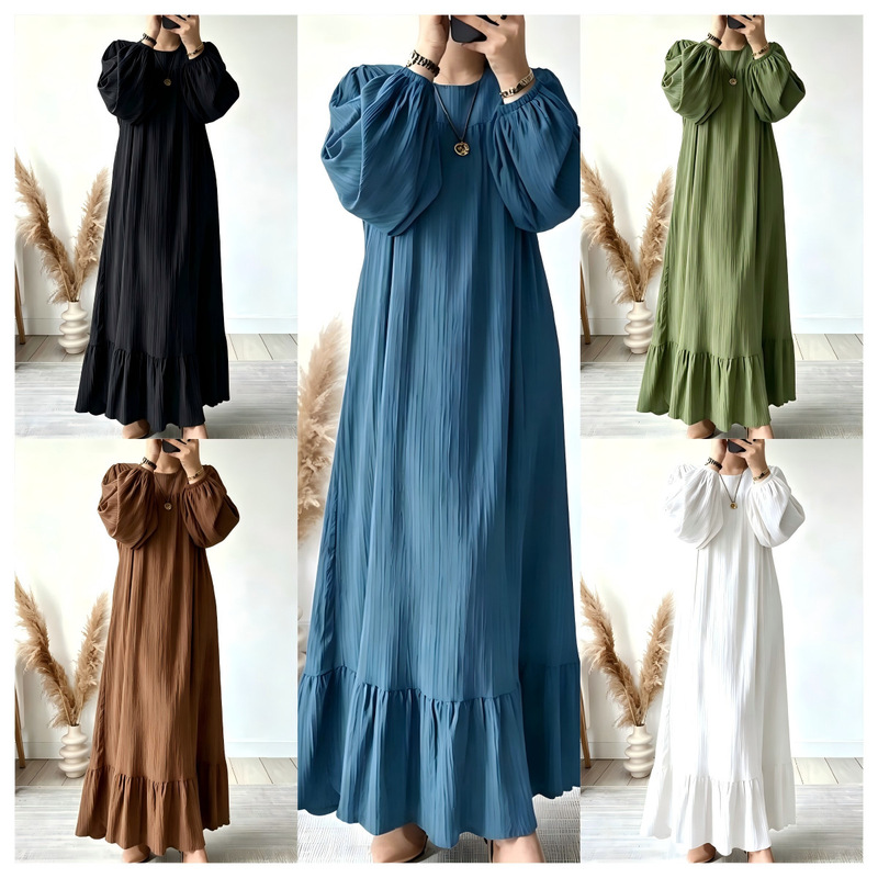 2026 New Cross-Border Women's Fashion Spring and Autumn Long-Sleeve Vintage Long Dress with Solid Color Ruffled Hem Dress