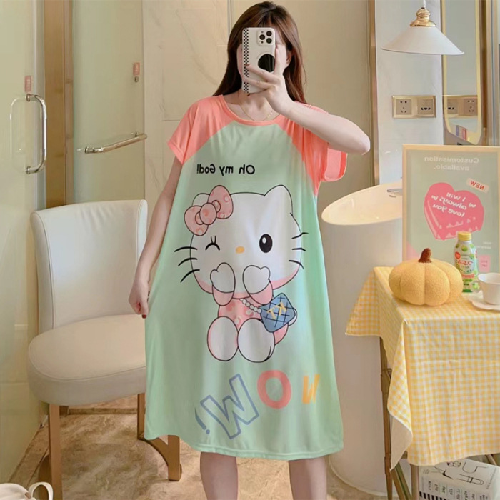 Camisón de las mujeres del verano Delgado manga corta nueva línea rojo estilo pijamas dibujos animados lindo señoras vestido flojo desgaste hogar