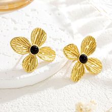 欧美跨境ins风天然石四叶草耳钉 不锈钢耳饰时尚轻奢金色花朵耳环