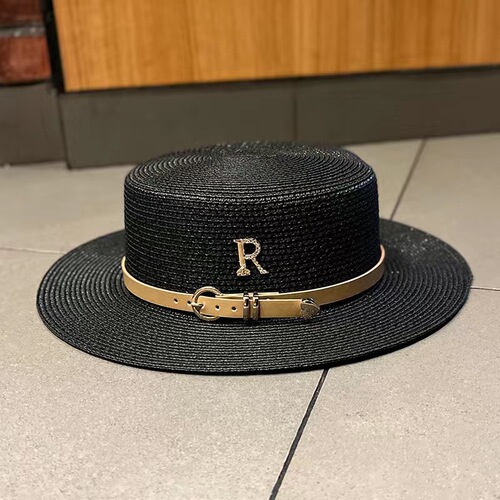 Internet celebrity rhinestone label straw hat for women summer beach sun hat straw sun protection hat French belt retro hat