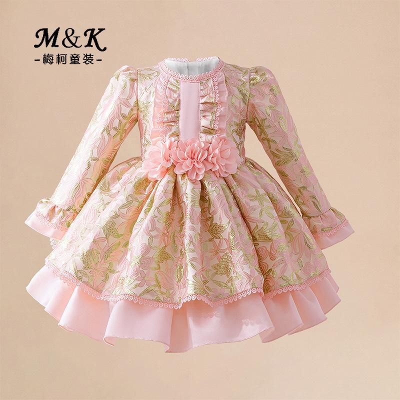 Nuevos vestidos de niños transfronterizos vestidos de princesa de niña vestidos de aniversario vestidos de manga larga vestidos de satén calcomanías