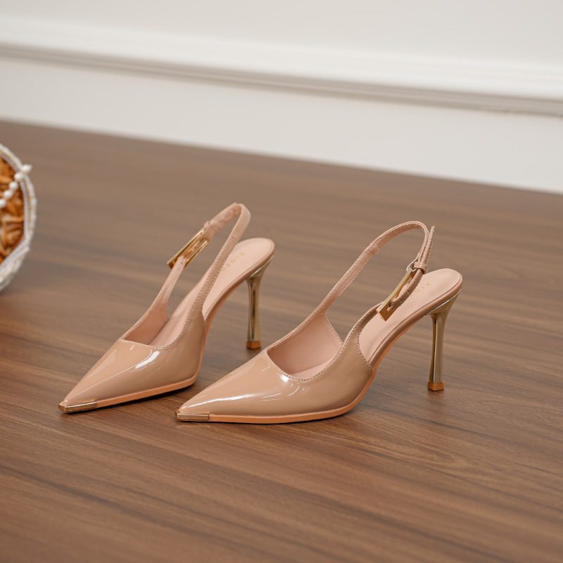 Back Hollow Large Size Toe-Toe Sandals for Women to Wear Outside in Summer with Retro Metal Buckle Pointed Toe Stiletto Heels Apricot High Heels