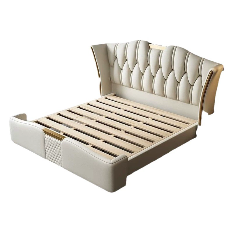 Итальянская легкая роскошная кожаная кровать Спальня Двуспальная кровать 1,8 м Высококачественная мягкая сумка-кровать Простая Современная Большая кровать 2,2 м Свадебная кровать