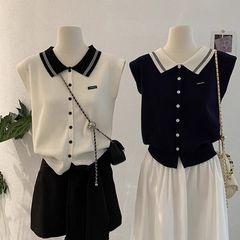 夏日ootd穿搭别致甜辣妹polo领坎肩背心上衣设计感针织无袖针织女