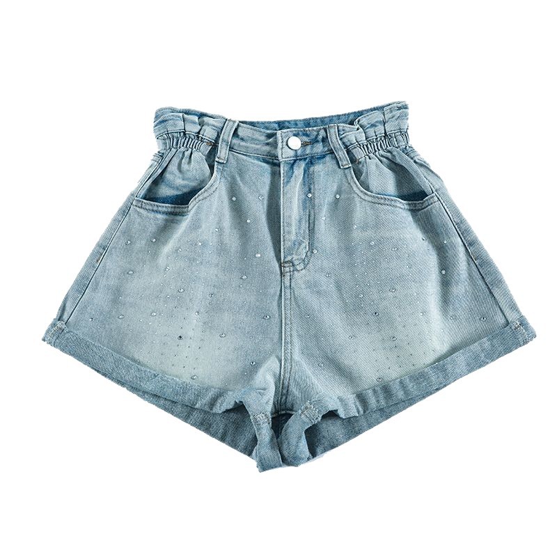 Pantaloncini in denim a vita alta con gamba larga, modello Diamond, estivi, da donna, nuovi, larghi, aderenti, con vita elastica arricciata, linea ad A_voghion.com