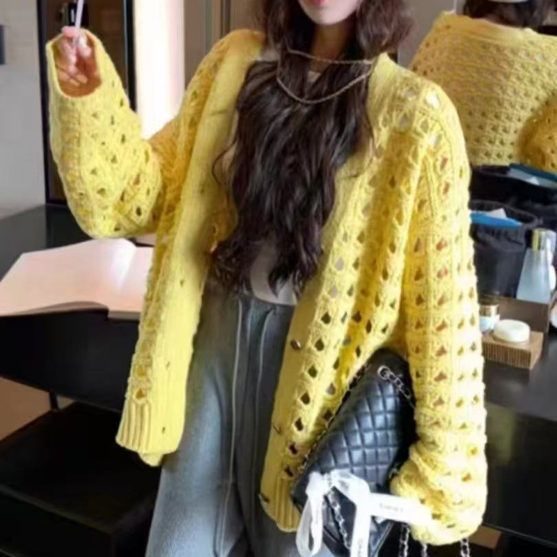 2025 Spring and Summer Gentle Style Solid Color Loose Cardigan Women's Heavy Crochet Hollow Knitted Sweater Heavy Industry Sweater Coat