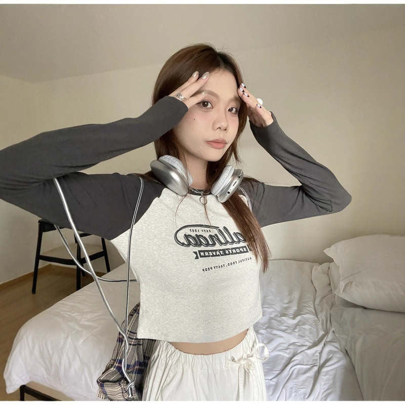 正肩长袖t恤女2025春秋季插肩袖小衫修身显瘦打底衫上衣字母印花|undefined