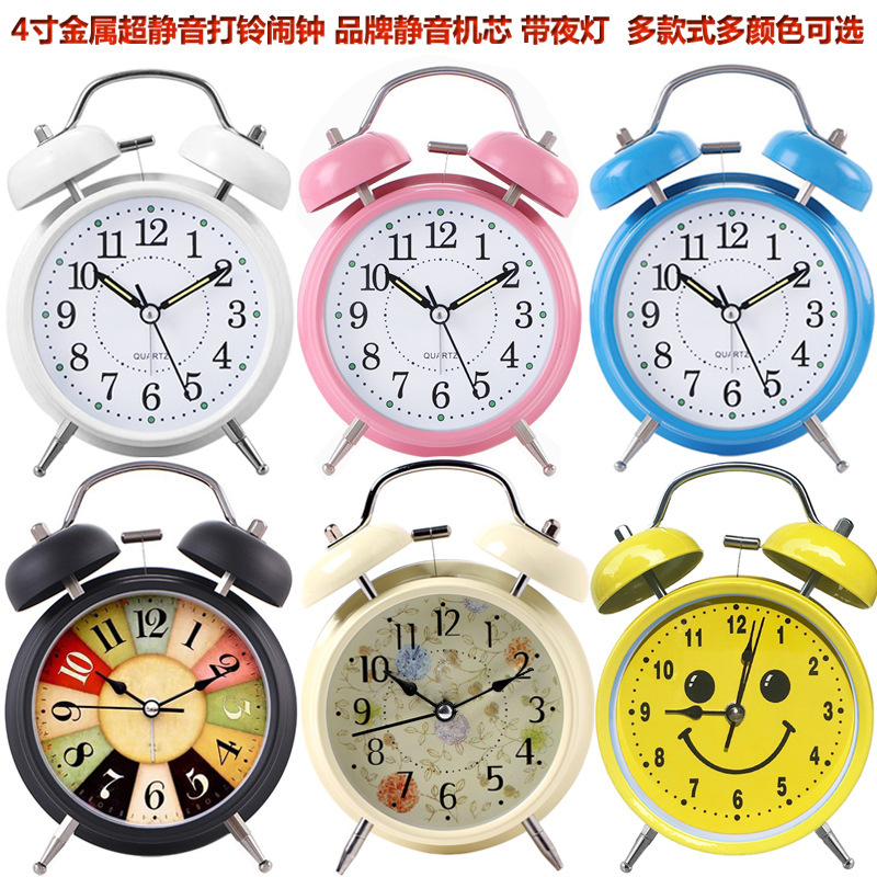 Factory direct supply 4 inch metal bell alarm clock can add logo mute with light children's clock and clock