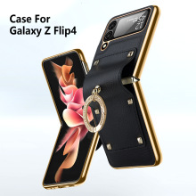 适用三星Galaxy Z Flip 4皮纹铰链支架手机壳flip4闪钻指环支架壳