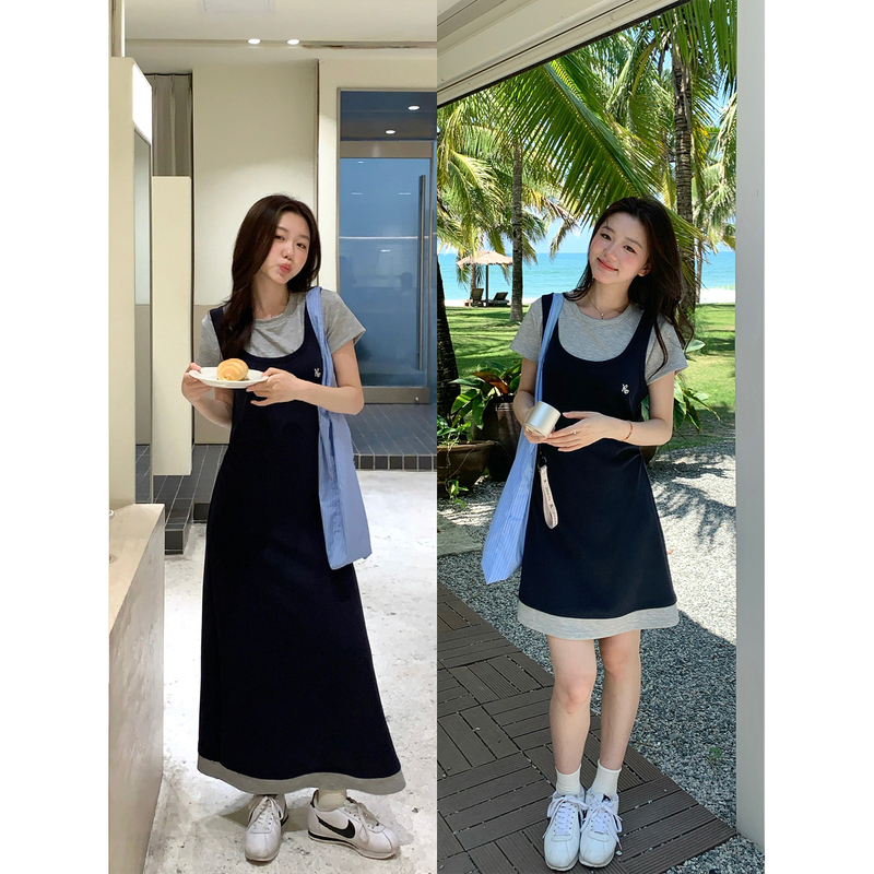 [Kenting Summer] 80% Lyocell Korean Style Short-Sleeved Dress for Women, Fake Two-Piece Versatile T-Shirt Long Dress
