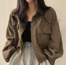 韩国chic2025春季法式复古百搭单排扣翻领灯芯绒衬衫长袖外套女潮
