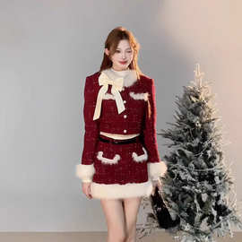 2026新款韩系学院风红色小香风连衣裙包臀裙迪士尼圣诞穿搭女秋季