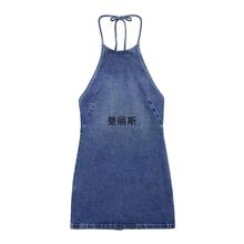 外贸跨境欧美风2024夏季新款女装无袖修身性感露背挂脖牛仔连衣裙