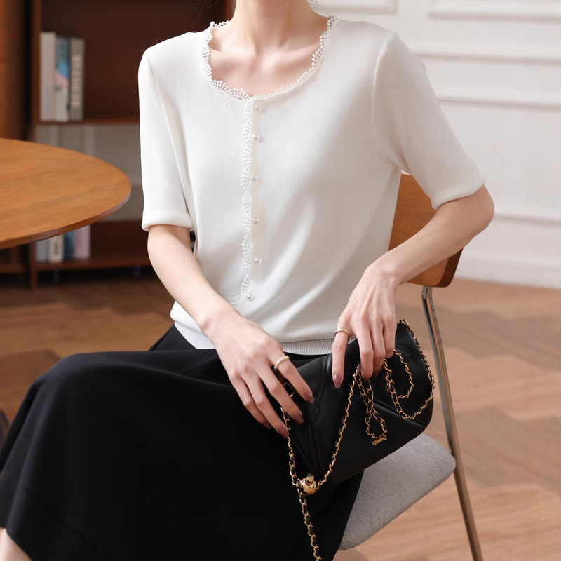 2025 Lace Round Neck Knitwear Cardigan Button Short-Sleeved Design Niche Slim Elegant Right Shoulder Versatile Top for Women