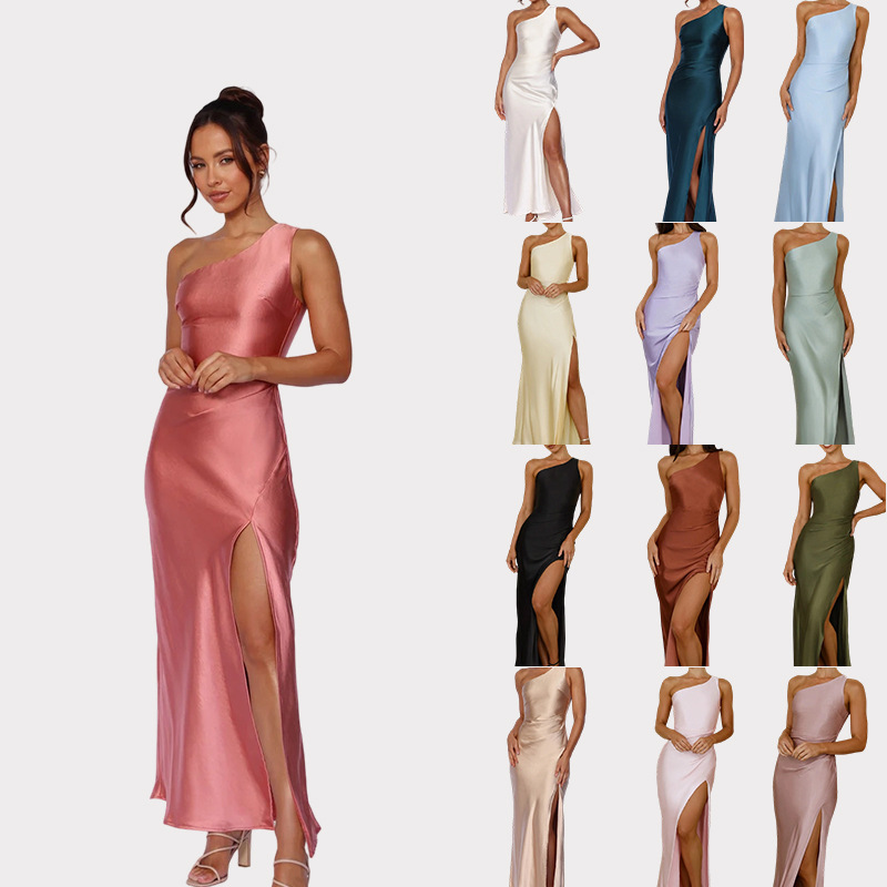 European and American Style Elegant Spaghetti Strap Dress 2025 Off-Shoulder Waist-Cinching Irregular Slit Sexy Solid Color Long Dress European and American Style Elegant Spaghetti Strap Dress 2025 Off-Shoulder Waist-Cinching Irregular Slit Sexy Solid Color Long Dress