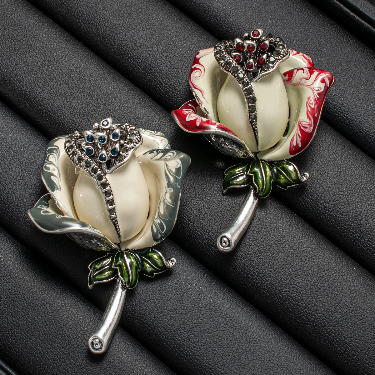 Hand-Painted Enamel Rose Brooch with Diamonds, Floral Dress Brooch, High-End Exquisite Vintage Pin, Rose Brooch