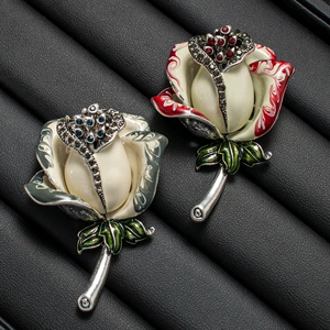 Hand-Painted Enamel Rose Brooch with Diamonds, Floral Dress Brooch, High-End Exquisite Vintage Pin, Rose Brooch
