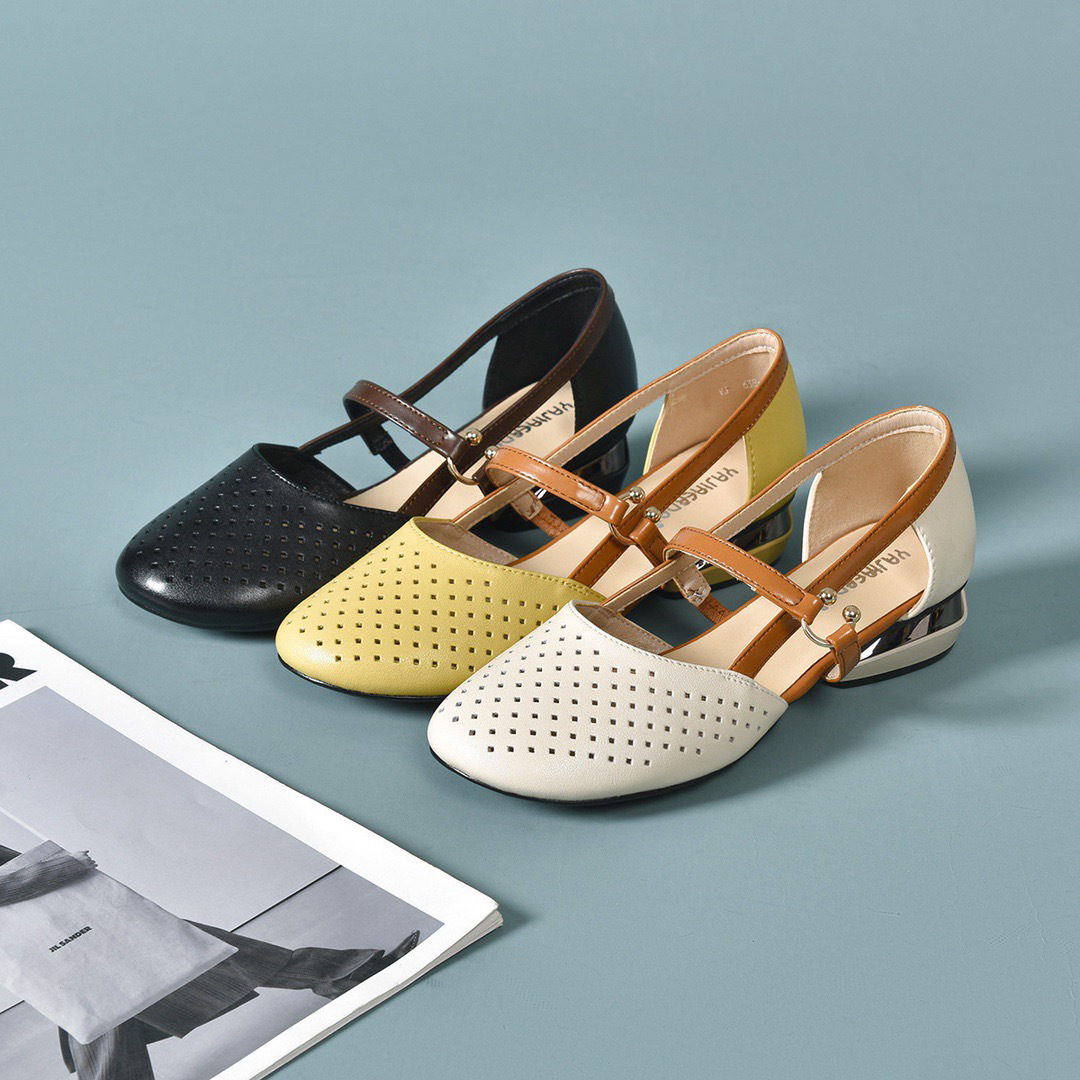 Sandal nữ da thật khoét lỗ mũi tròn đế bệt gót thấp — Màu đen chi tiết 13