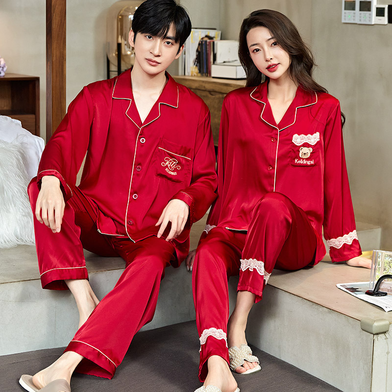 Couple pajamas men and women spring and summer long sleeve Ice Silk thin silk autumn high-grade Korean style home wear suit