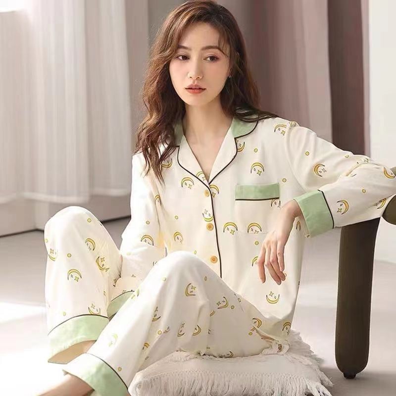 Nuevo traje % pijamas de algodón de las mujeres de primavera y otoño de manga larga de estilo coreano Chaqueta de punto de la muchacha ropa para el hogar al aire libre de invierno