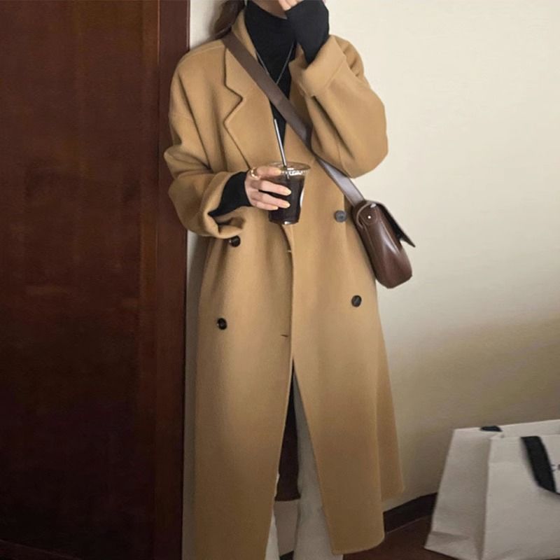 "Koreanischer Oversize-Mantel aus Wollmischung, langer Trenchcoat für Damen mit Revers in Beige/Pink/Grau/Taupe/Schwarz/Lila"_voghion.com