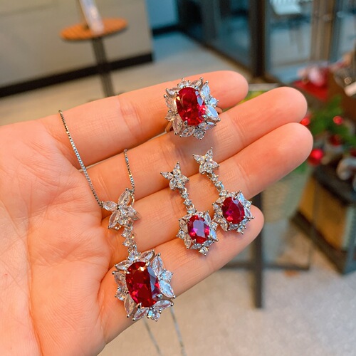 Zhuang Shengsheng Jewelry European and American Colorful Gemstone Simulation Red Ruby Earrings Pendant Ring Fresh Small Jewelry Set Wholesale 