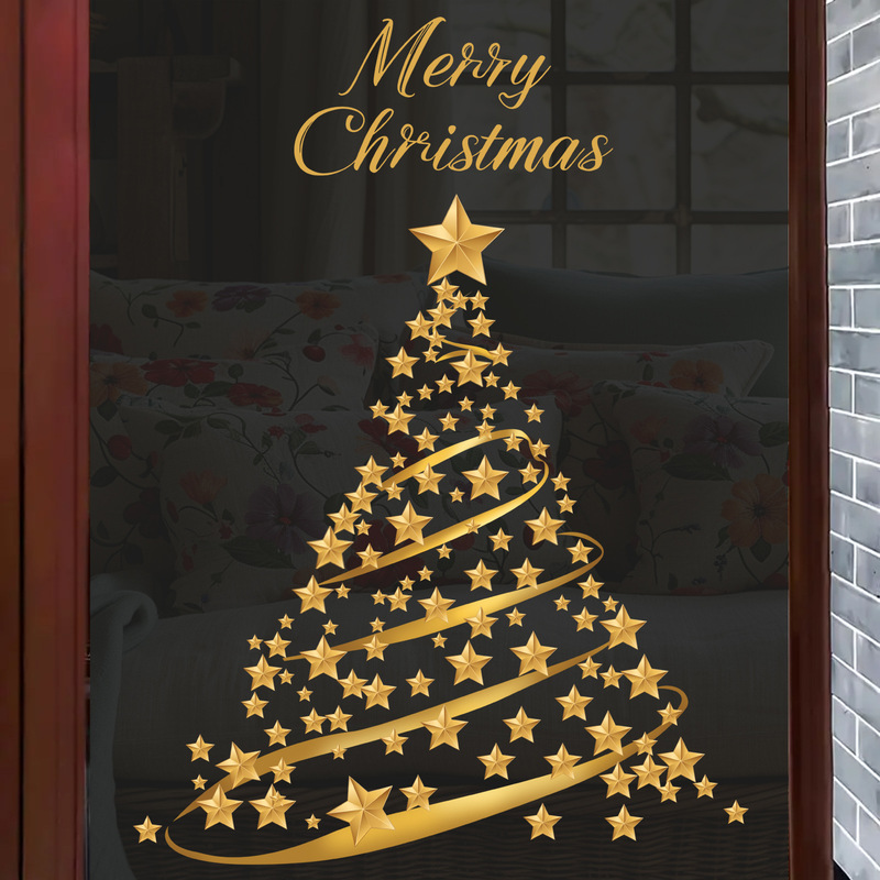 MS-XA083クリスマス金色星クリスマスツリー祝日パーティーシーン商用ガラスショーウインドー装飾壁貼り|undefined
