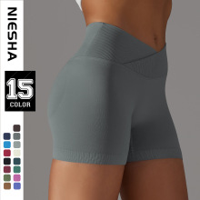 跨境无缝紧身亲肤健身裤交叉腰提臀短裤高腰蜜桃臀三分紧身瑜伽裤