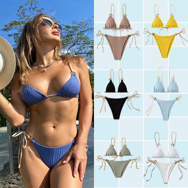 2024 New Ins Swimsuit for Women Split Bikini Two-Piece Set Fairy Style Sexy Pure Color Lace-Up Swimsuit for Women