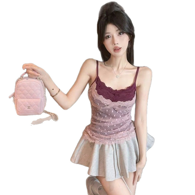 L3327#法式气质设计感纯欲波点蕾丝外穿无袖女夏季辣妹吊带背心|undefined