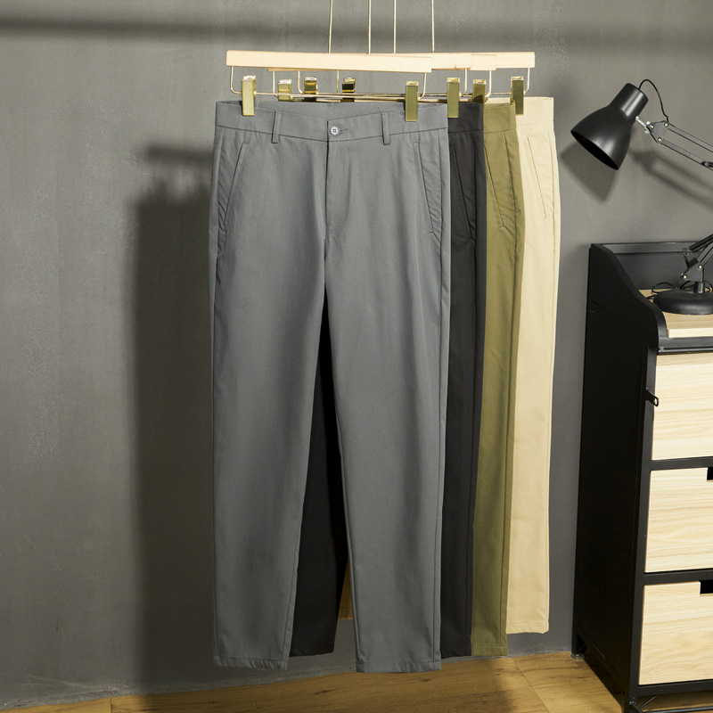 Pantalones de traje anti-arrugas para hombres, delgados, rectos, negocios, ocio, nueve puntos, pantalones de traje de alto nivel