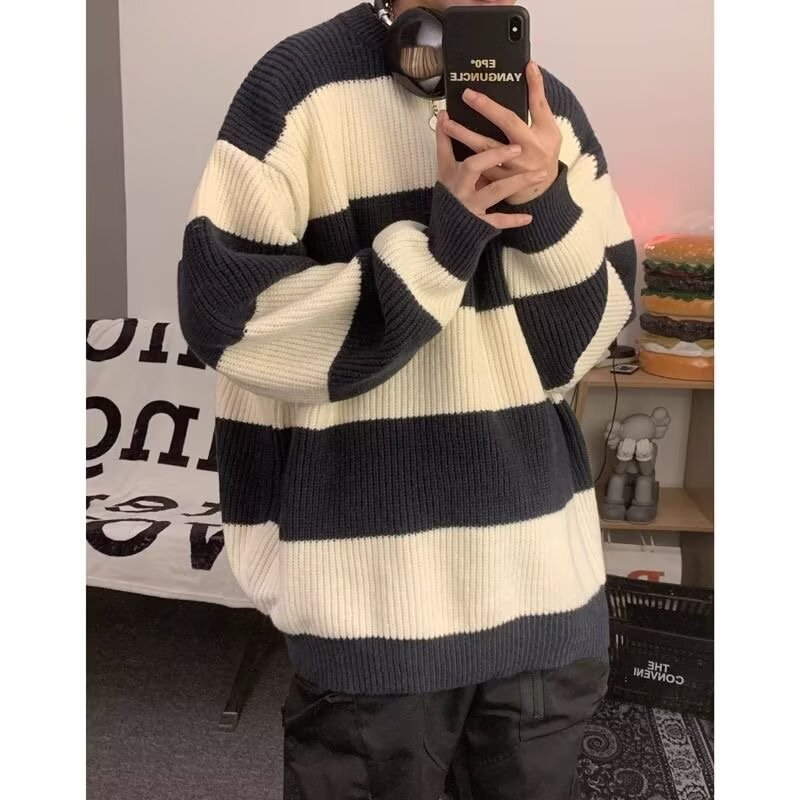 Suéter de cuello redondo a rayas para hombres otoño y invierno grueso calentamiento suelto ropa de base americana retro color contrastante camisa de punto de moda
