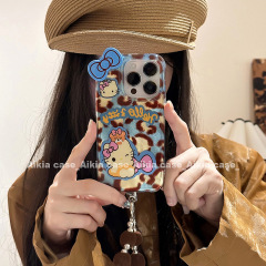 秋冬ins青豹紋kitty適用i代子16promaxリンゴ15pro携帯ケース14新型13女