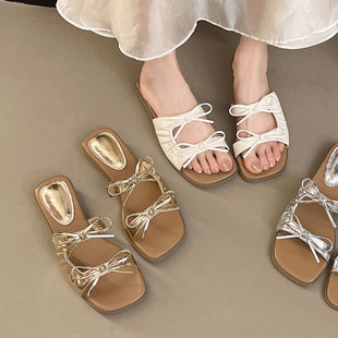 Bow French High-Bottom Slippers for Women 2025 New Summer Korean Style Square Toe Versatile Wedge Heel Outer Wear Sandals