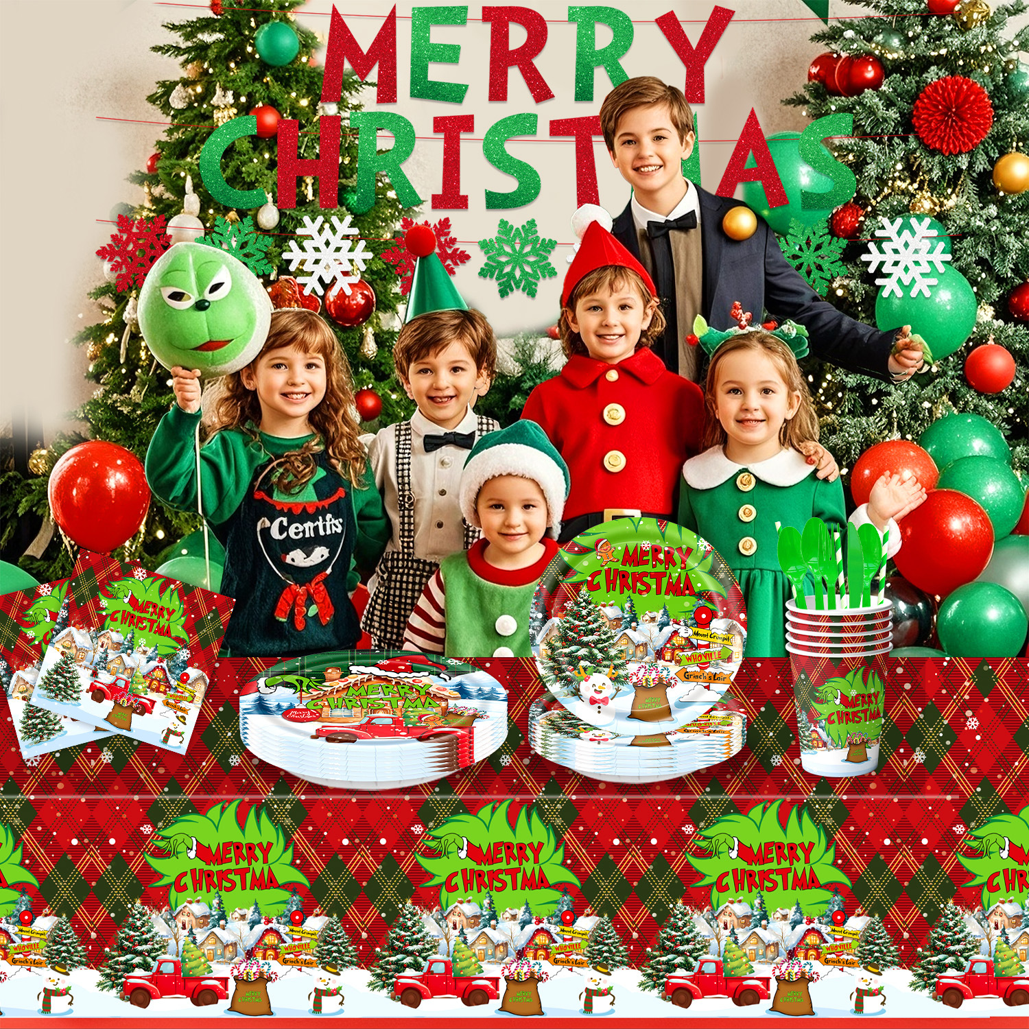 Nuevo tema transfronterizo de Navidad Grinch cubiertos de fiesta de cumpleaños bandeja de papel desechable toallas de mesa decoración banner