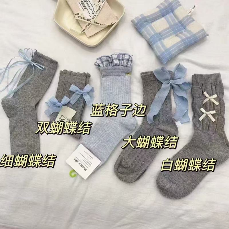 春夏の見栄えの良い韓国風女の子レースパイルソックス日本製万能かわいいチェック柄グレーブルー蝶ネクタイソックス|undefined