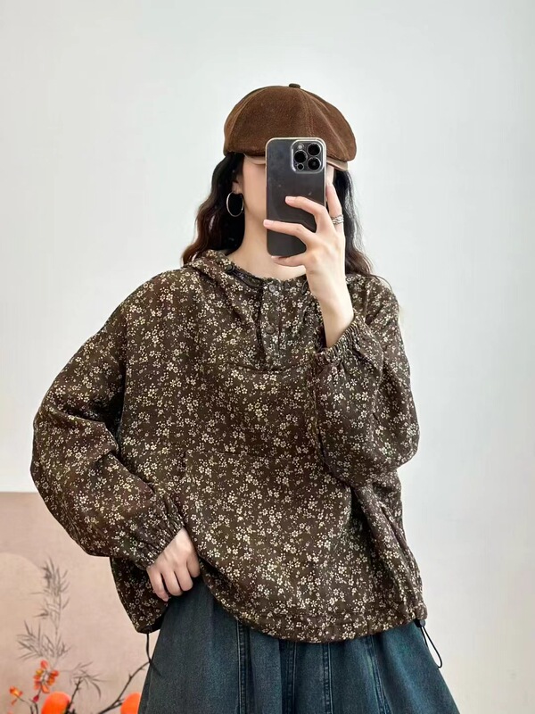 古咖服饰秋季新款复古棉麻印花连帽外套女文艺碎长袖宽松套头上衣|undefined