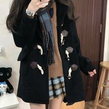 2025外套女冬季小个子学院风韩版中长款牛角扣毛呢大衣女连帽