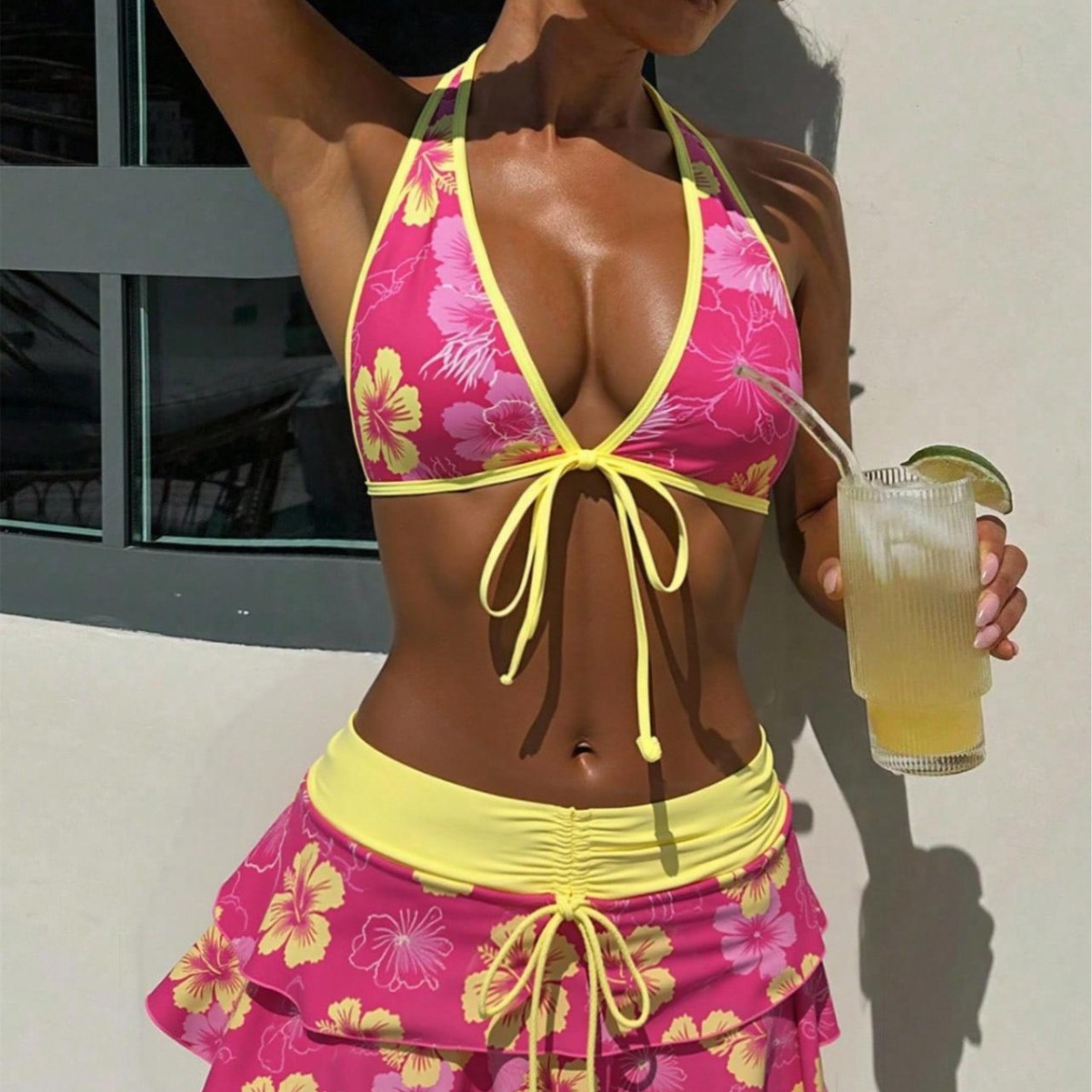 2025Bikini Wholesale European and American New Women's Pink Floral Three-Piece Swimsuit Halter Bikini