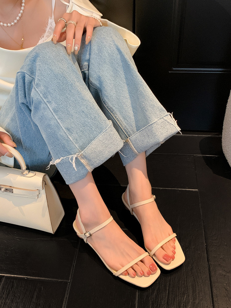 Sandal nữ gót thấp mũi vuông quai một dây hở ngón phong cách Hàn Quốc — đen, Tím, Màu trắng nhạt chi tiết 14
