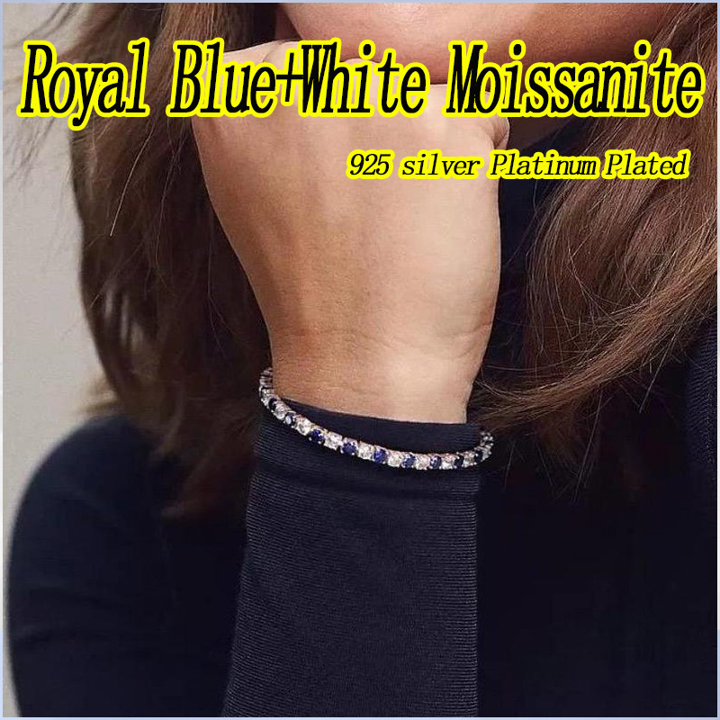 European and American Luxury Boutique Tennis Bracelet 5m Sapphire + White Moissanite 925 Silver Bracelet Wedding Birthday Friend Gift