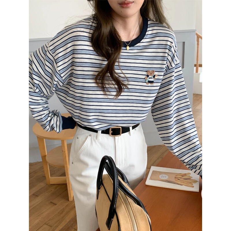 3th Morning Autumn New Collection Relaxed Fit Striped Bear Patch T-Shirt ZY4387 3th Morning Autumn New Collection Relaxed Fit Striped Bear Patch T-Shirt ZY4387