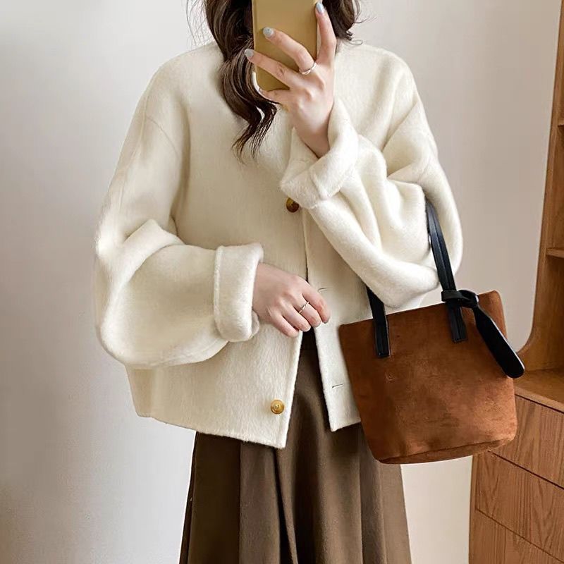 Round Neck Short Double-Sided Wool Outwear for Women 2025 Winter Korean Style Loose Elegant Small Fragrant Woolen Outwear Korean Style