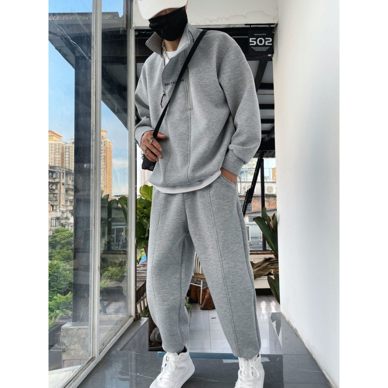 가을과 겨울 기모 남성용 패션 스웨트 셔츠 세트 남성용 느슨한 하프 오픈 더블 지퍼 스포츠웨어 트렌디