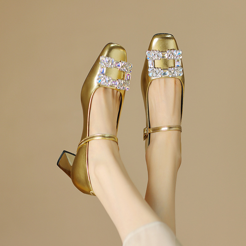 Elegant leather Mary Jane shoes with rhinestones square toe low-cut…