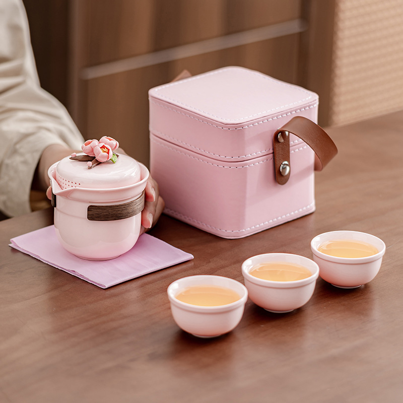 粉色捏花旅行茶具小套装户外露营泡茶壶茶杯便携快客杯一壶三杯