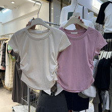 韩国东大门夏装新款韩版修身两侧皱褶纯色通勤显瘦百搭短袖T恤女