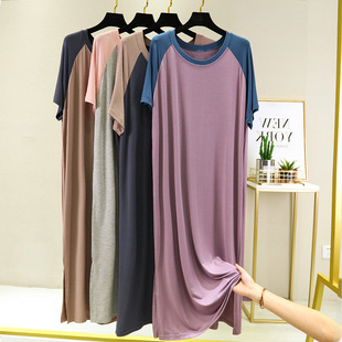 Modal Nightdress Women's Summer Large Size Loose Dress V-neck Mid-length A- line Skirt Thin Over-the-knee Household Skirt